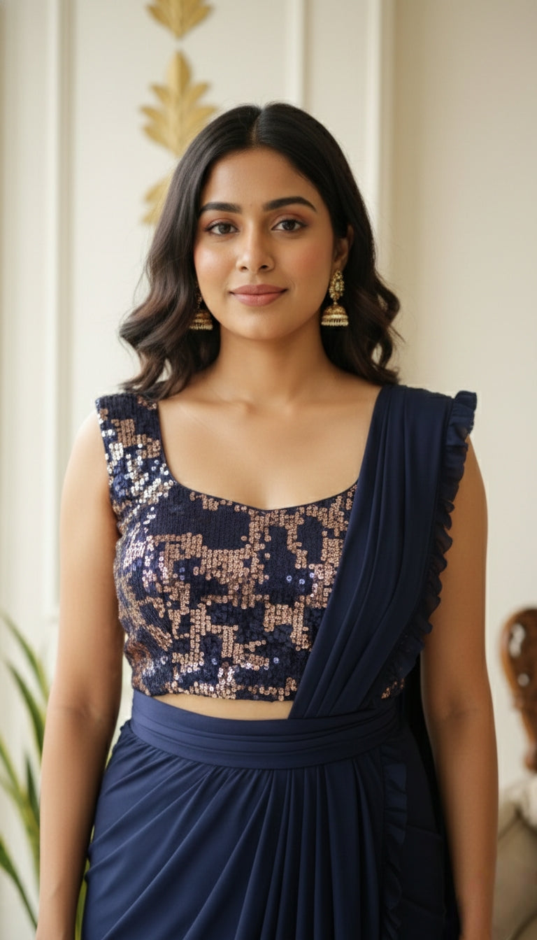 WOMEN DARK BLUE BEADS WORK SILK DRAPE SAREE