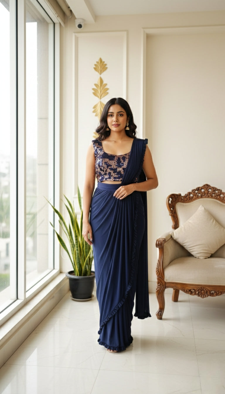 WOMEN DARK BLUE BEADS WORK SILK DRAPE SAREE