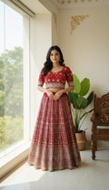 Women Red Zari Work Georgette Crop Top Skirt Set
