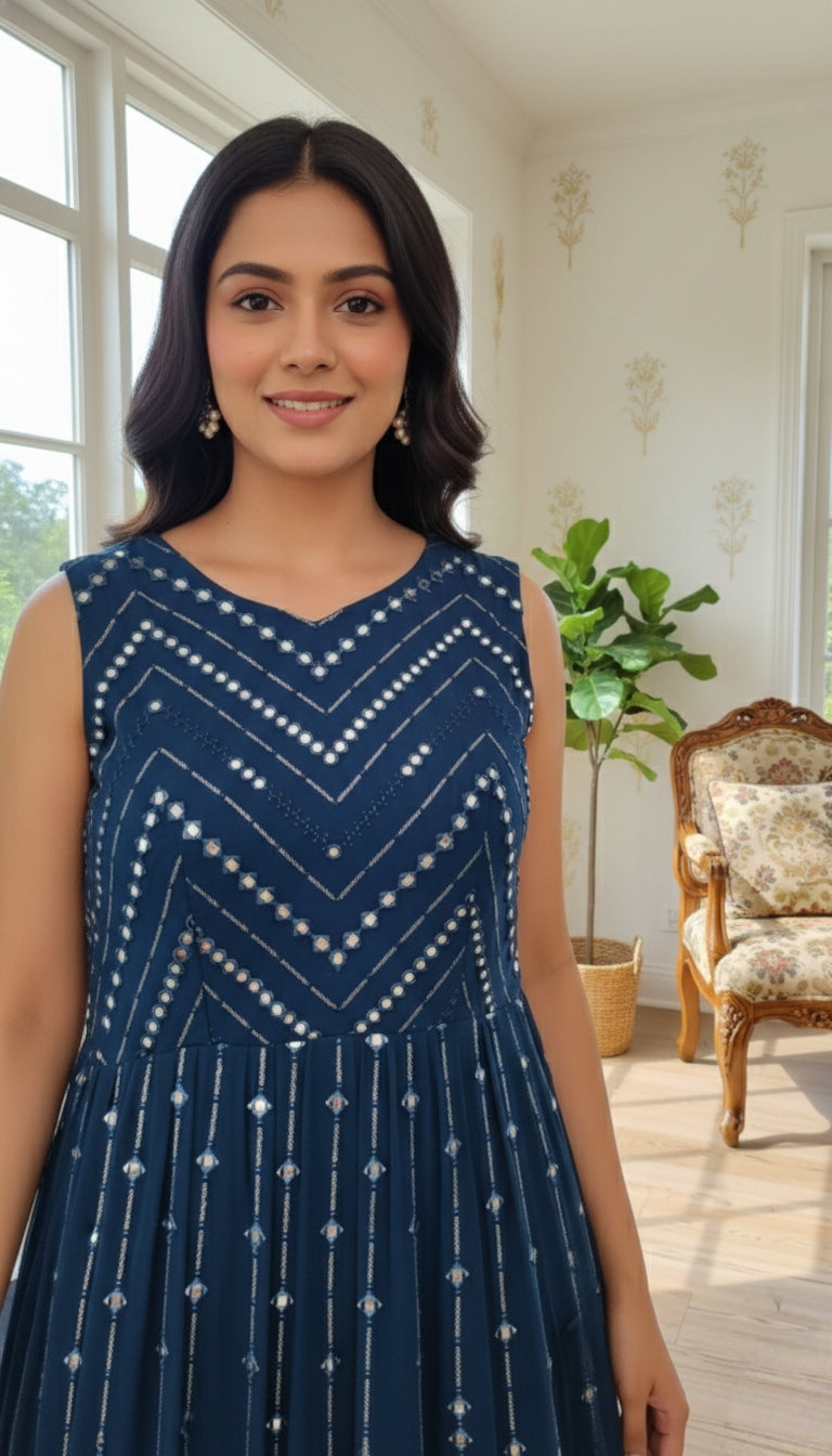 WOMEN DARK BLUE MIRROR WORK GEORGETTE LONG GOWN