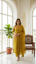 Women Yellow Floral Embodiered Cotton Kurta Pant Dupatta Set