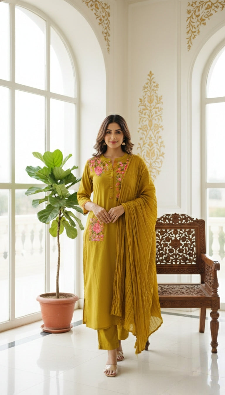Women Yellow Floral Embodiered Cotton Kurta Pant Dupatta Set