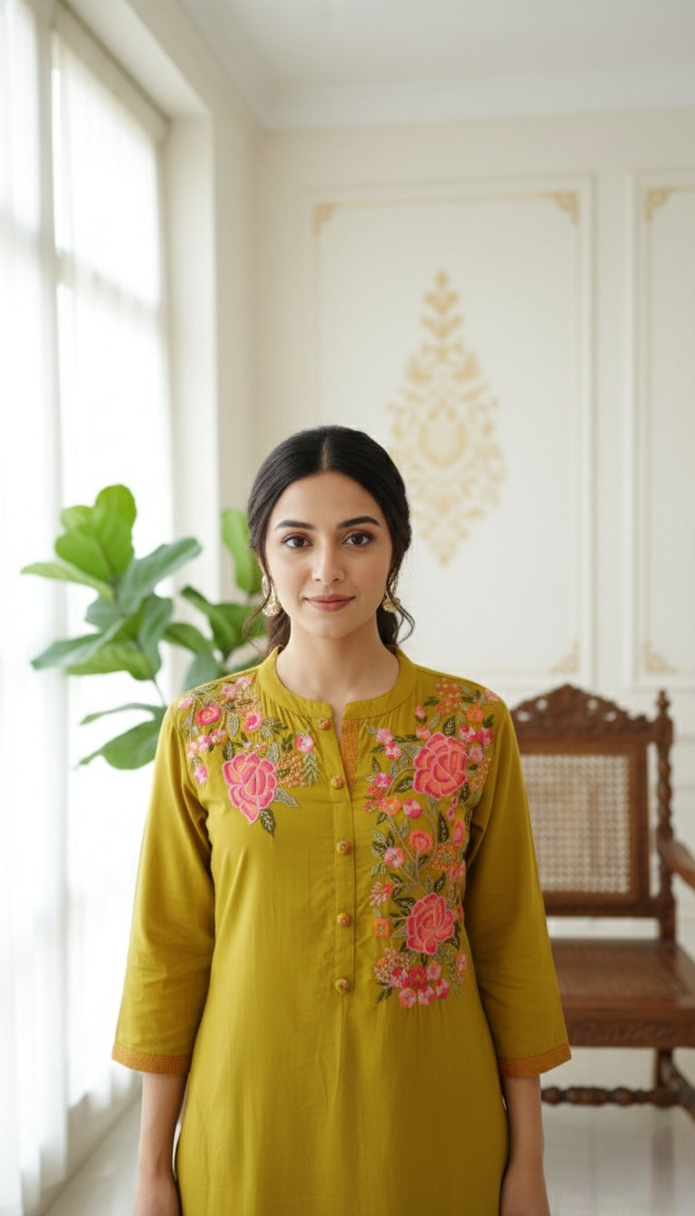 Women Yellow Floral Embodiered Cotton Kurta Pant Dupatta Set