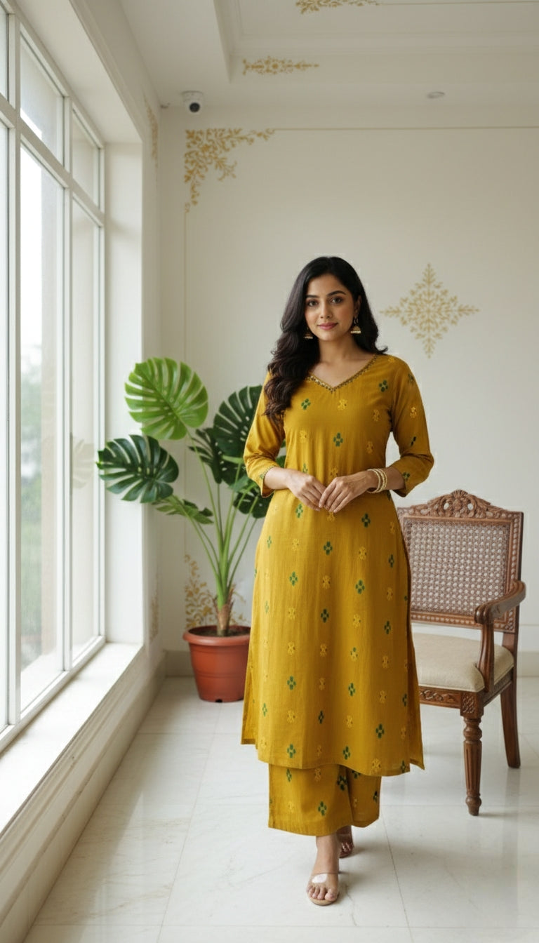 Women Mustard Yellow Beads Work Cotton Kurta Pant Dupatta Set
