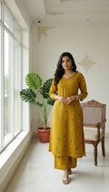 Women Mustard Yellow Beads Work Cotton Kurta Pant Dupatta Set