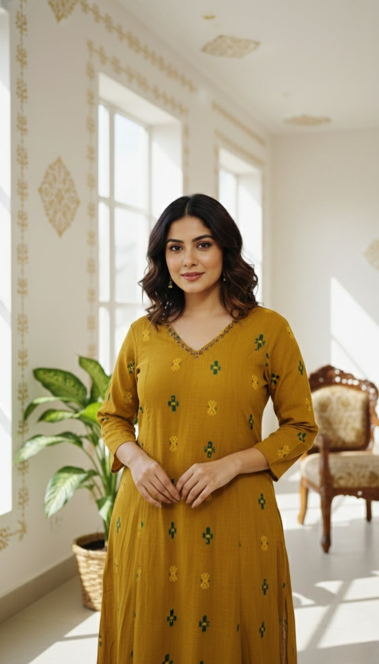 Women Mustard Yellow Beads Work Cotton Kurta Pant Dupatta Set