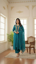 Women Mineral Green Floral Embodiered Cotton Kurta Pant Dupatta Set