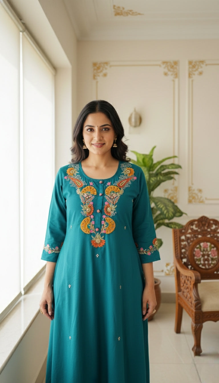 Women Mineral Green Floral Embodiered Cotton Kurta Pant Dupatta Set