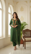 Women Dark Green Embodiered Cotton Kurta Pant Dupatta Set