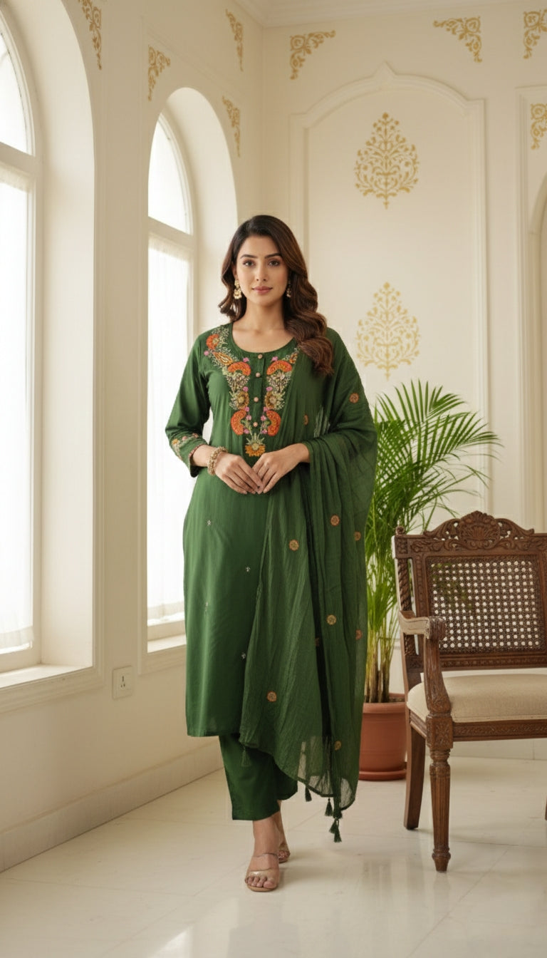 Women Dark Green Embodiered Cotton Kurta Pant Dupatta Set