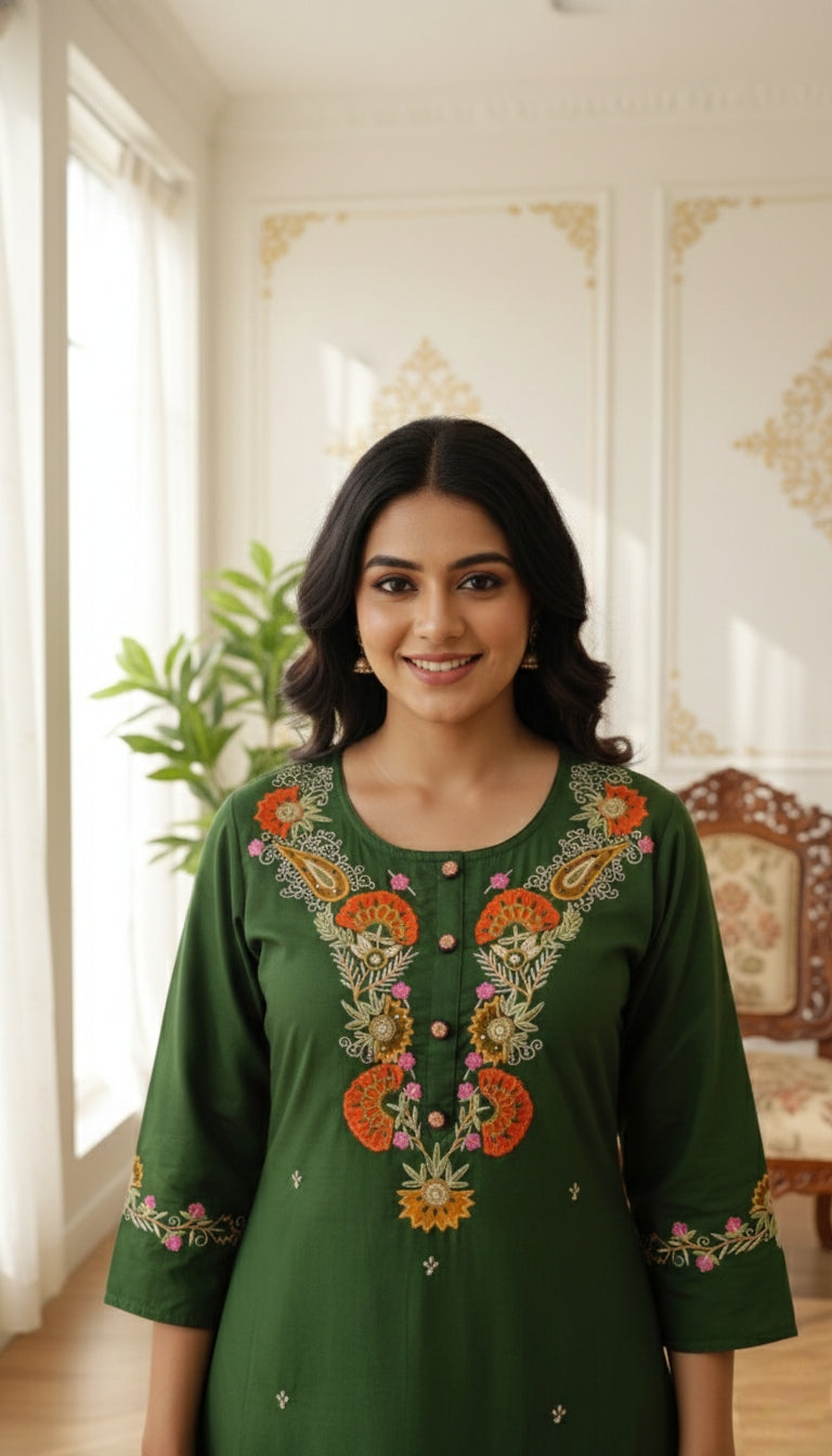 Women Dark Green Embodiered Cotton Kurta Pant Dupatta Set