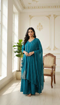 Women Teal Blue Sequence Work Mul Cotton Kurta Pant Dupatta Set