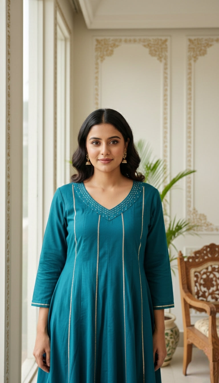 Women Teal Blue Sequence Work Mul Cotton Kurta Pant Dupatta Set