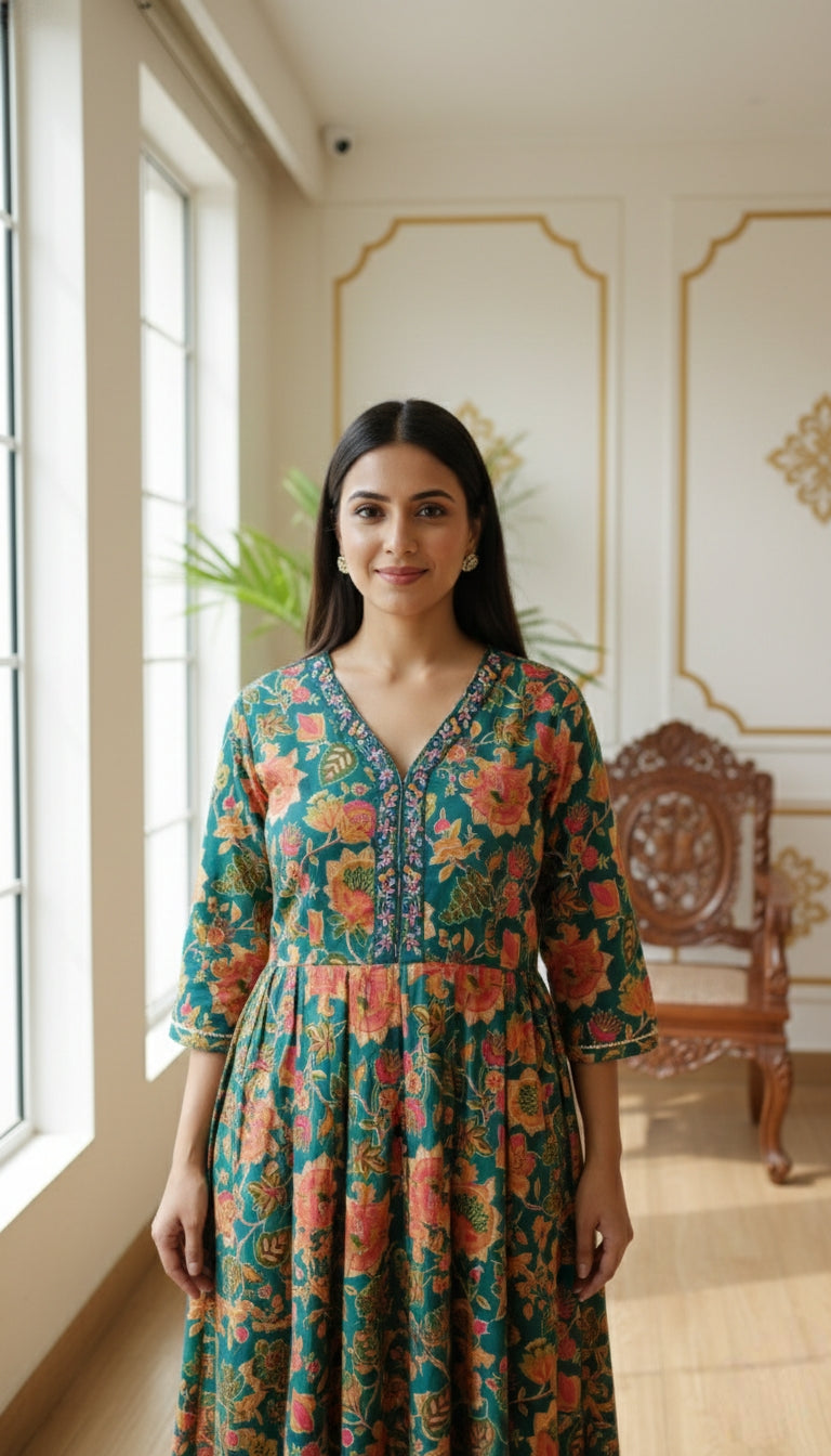 Women Teal Blue Print Embodiered Cotton Kurta Pant Dupatta Set