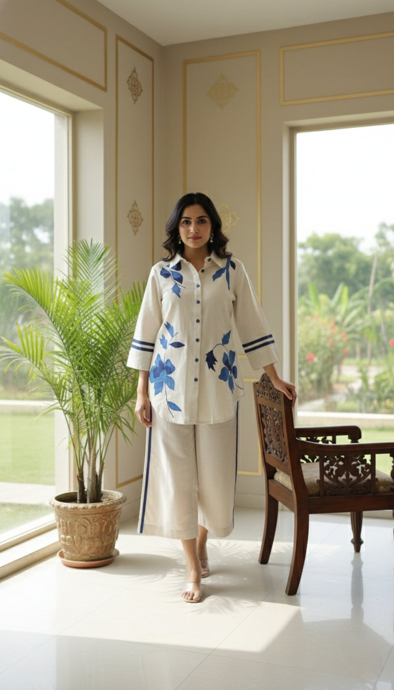 Women Off White Applique Work Coord Set