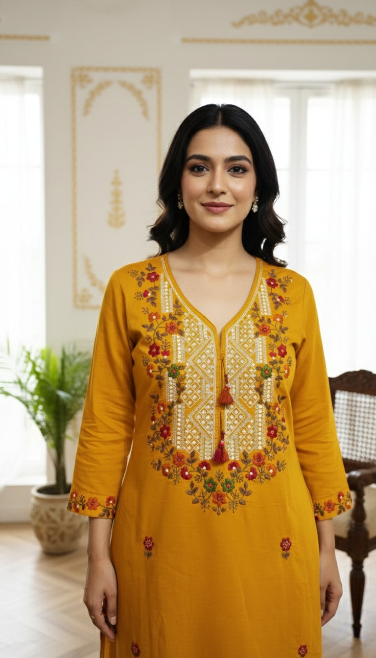 Women Yellow Embodiered Cotton Kurta Pant Dupatta Set