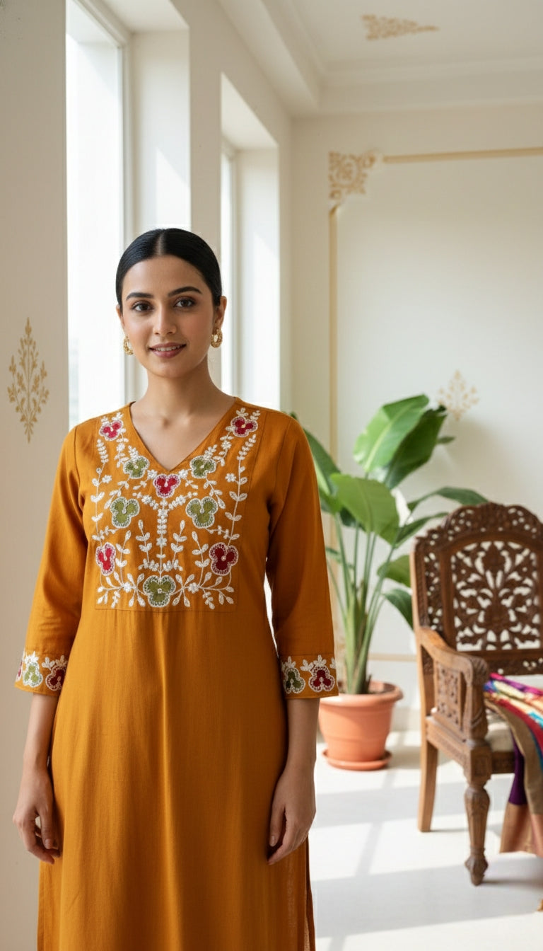 Women Mustard Yellow Thread Embroidered Cotton Kurta Pant Dupatta Set