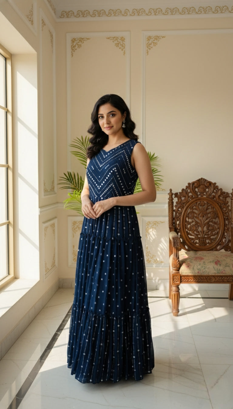 WOMEN DARK BLUE MIRROR WORK GEORGETTE LONG GOWN