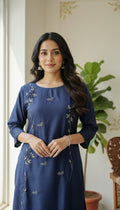 WOMEN DARK BLUE HAND EMBOIDERED SILK KURTA AND SHARARA SET