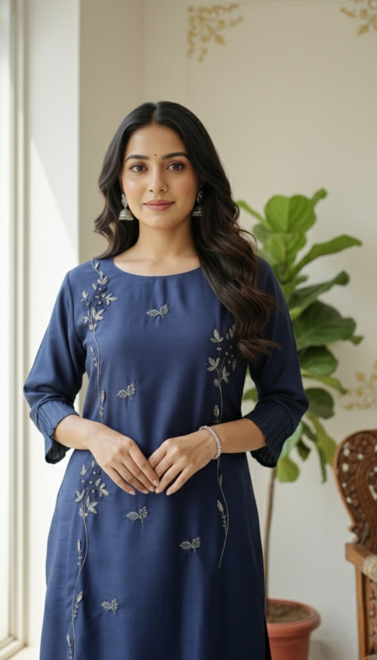 WOMEN DARK BLUE HAND EMBOIDERED SILK KURTA AND SHARARA SET
