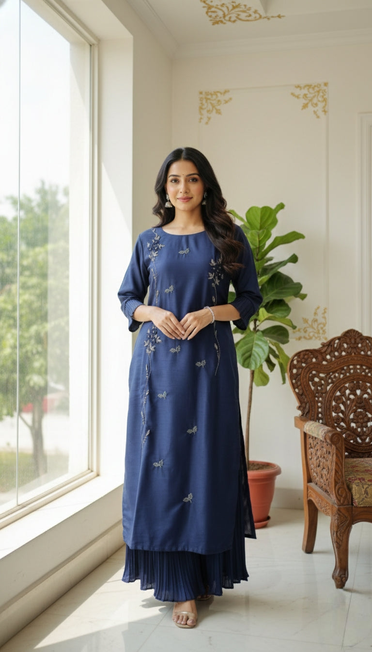 WOMEN DARK BLUE HAND EMBOIDERED SILK KURTA AND SHARARA SET