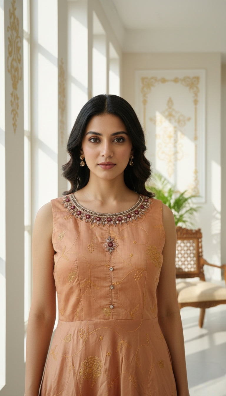 WOMEN PEACH HAND EMBOIDERED SILK LONG GOWN AND DUPPATTA SET