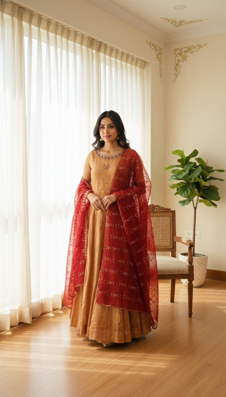 WOMEN PEACH HAND EMBOIDERED SILK LONG GOWN AND DUPPATTA SET