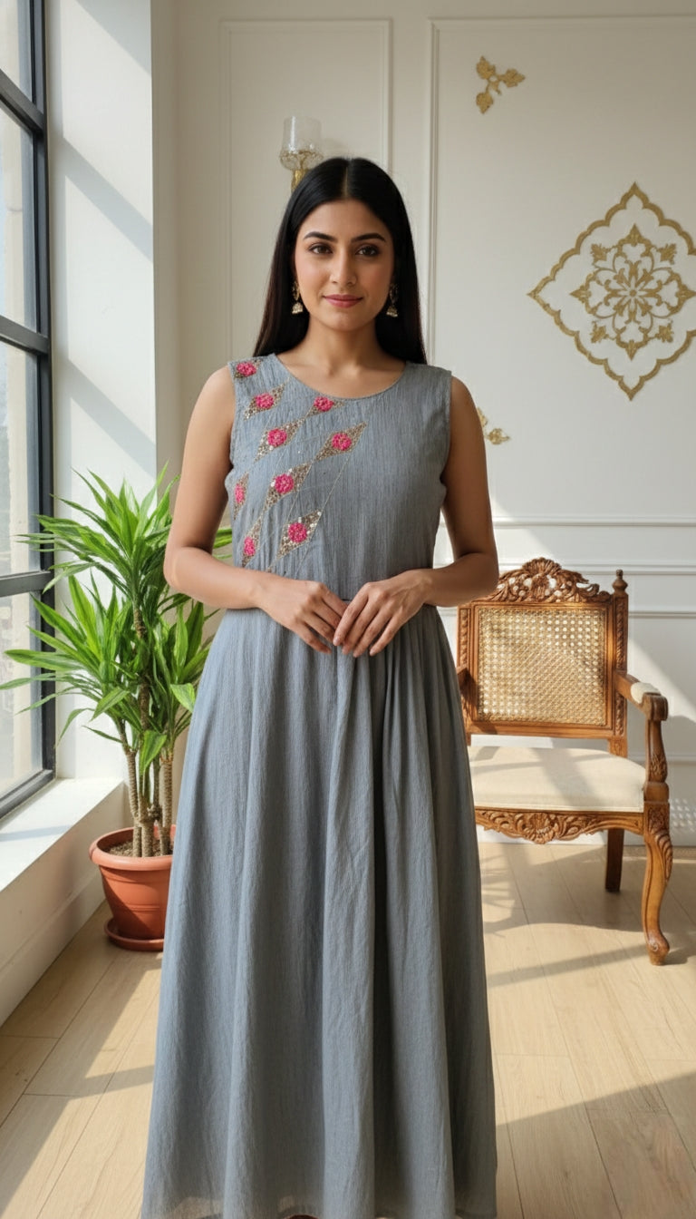 WOMEN GREY BEADS EMBOIDERED SILK LONG GOWN DUPPATTA SET