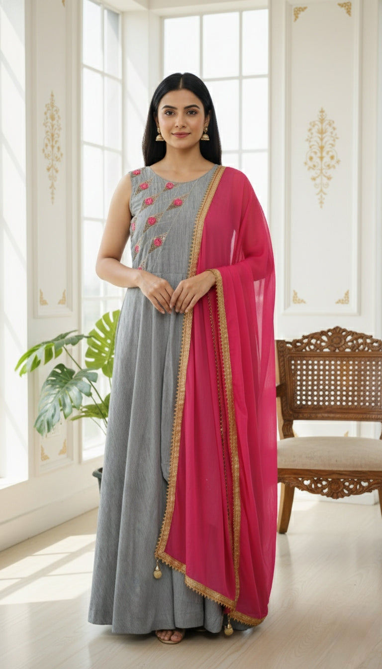 WOMEN GREY BEADS EMBOIDERED SILK LONG GOWN DUPPATTA SET