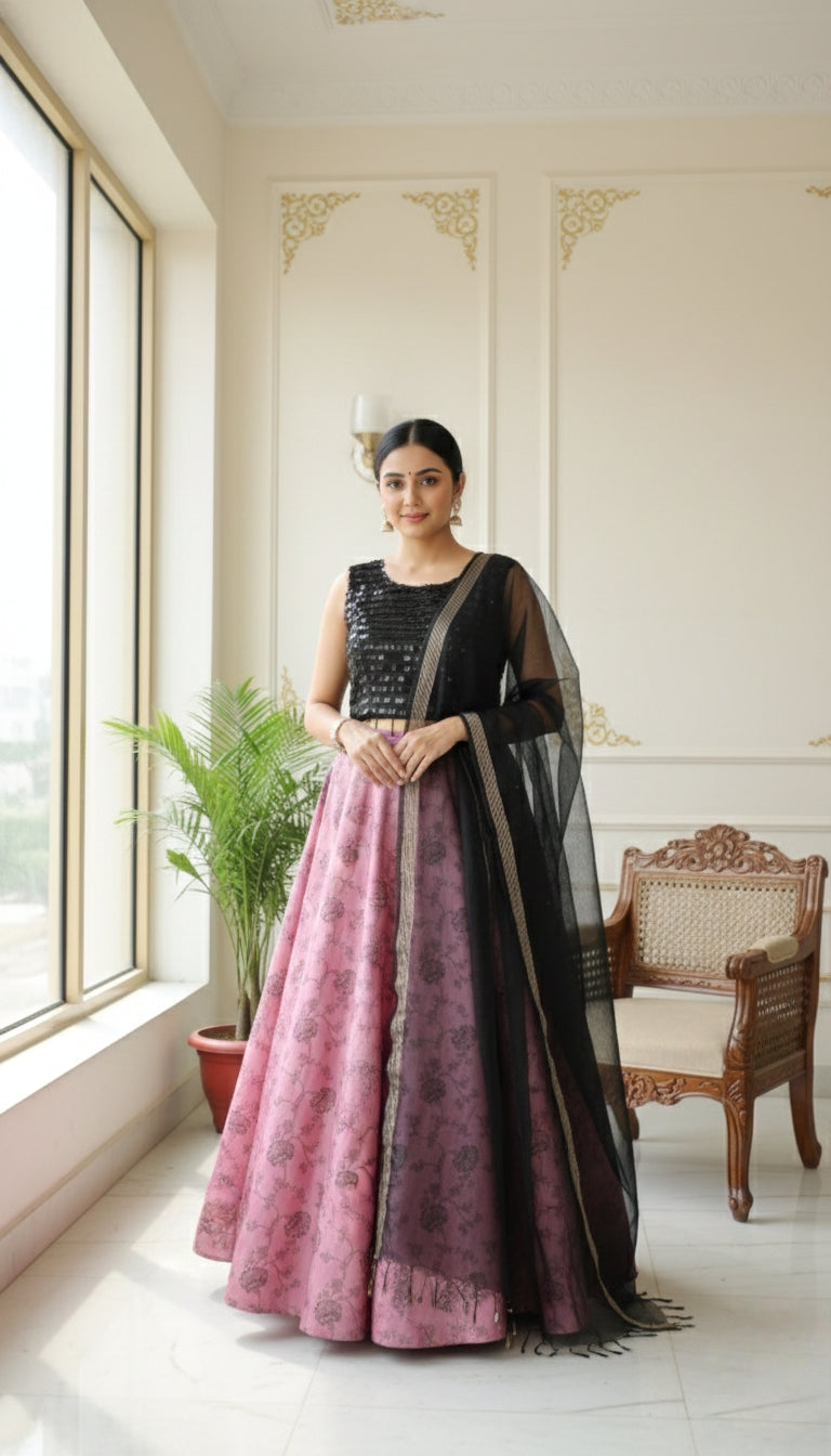 Women Black And Pink Chinnon Lehenga Choli And Dupatta Set