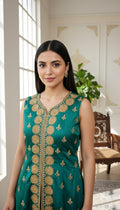 WOMEN TEAL GREEN GOLDEN ZARI EMBOIDERED SILK KURTA LEHENGA AND DUPPATTA SET