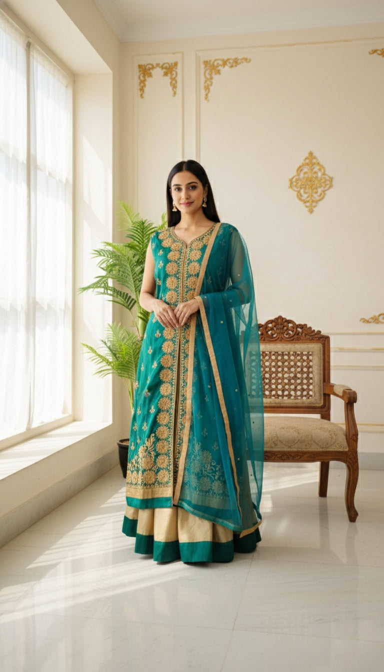 WOMEN TEAL GREEN GOLDEN ZARI EMBOIDERED SILK KURTA LEHENGA AND DUPPATTA SET