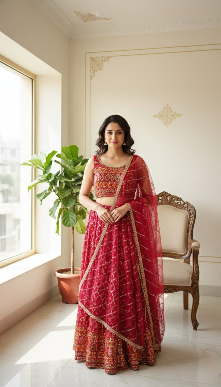 Women Pink Georgette Lehenga Choli And Dupatta Set