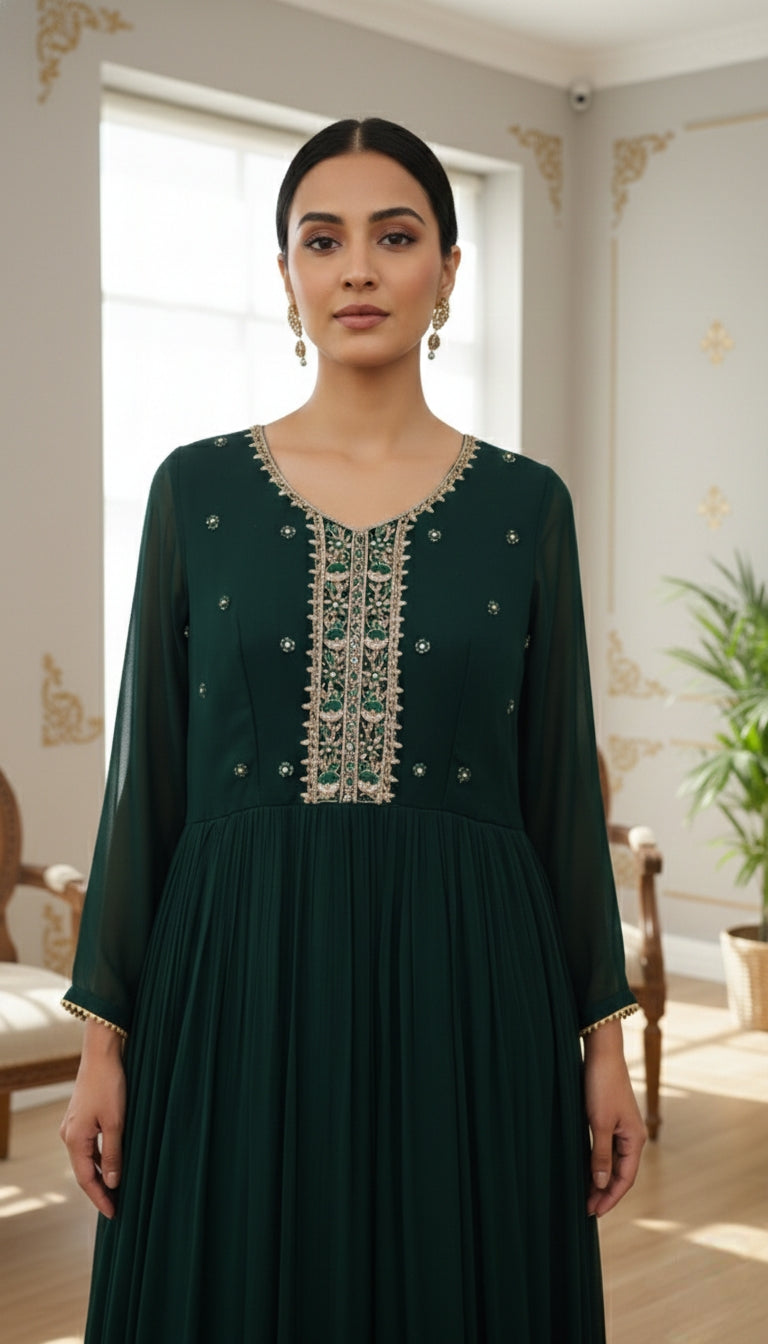 WOMEN DARK GREEN ZARI EMBOIDERED GEORGETTE LONG GOWN DUPPATTA SET