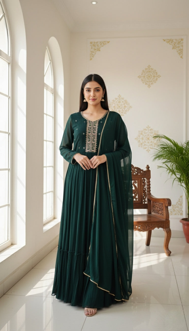 WOMEN DARK GREEN ZARI EMBOIDERED GEORGETTE LONG GOWN DUPPATTA SET