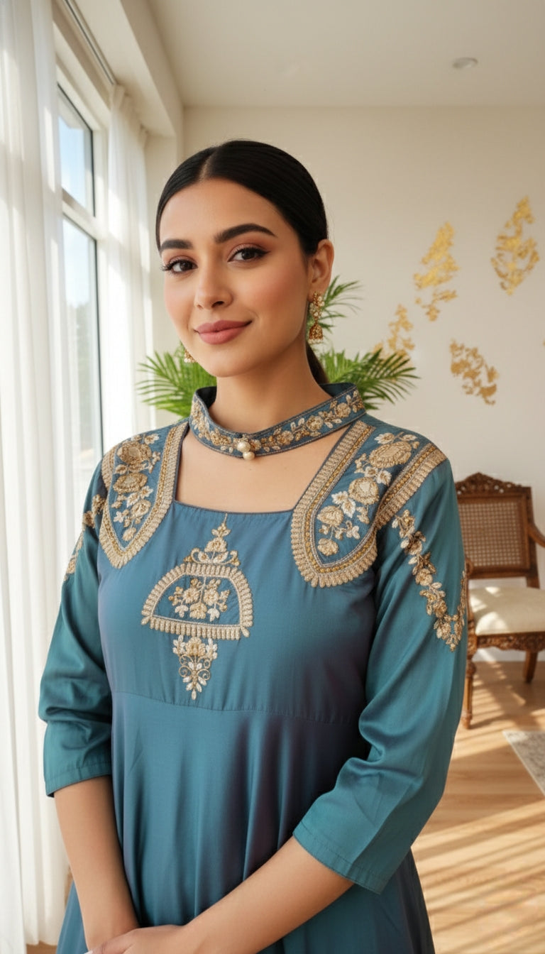 WOMEN BLUE ZARI EMBOIDERED SILK LONG GOWN