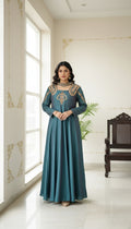 WOMEN BLUE ZARI EMBOIDERED SILK LONG GOWN