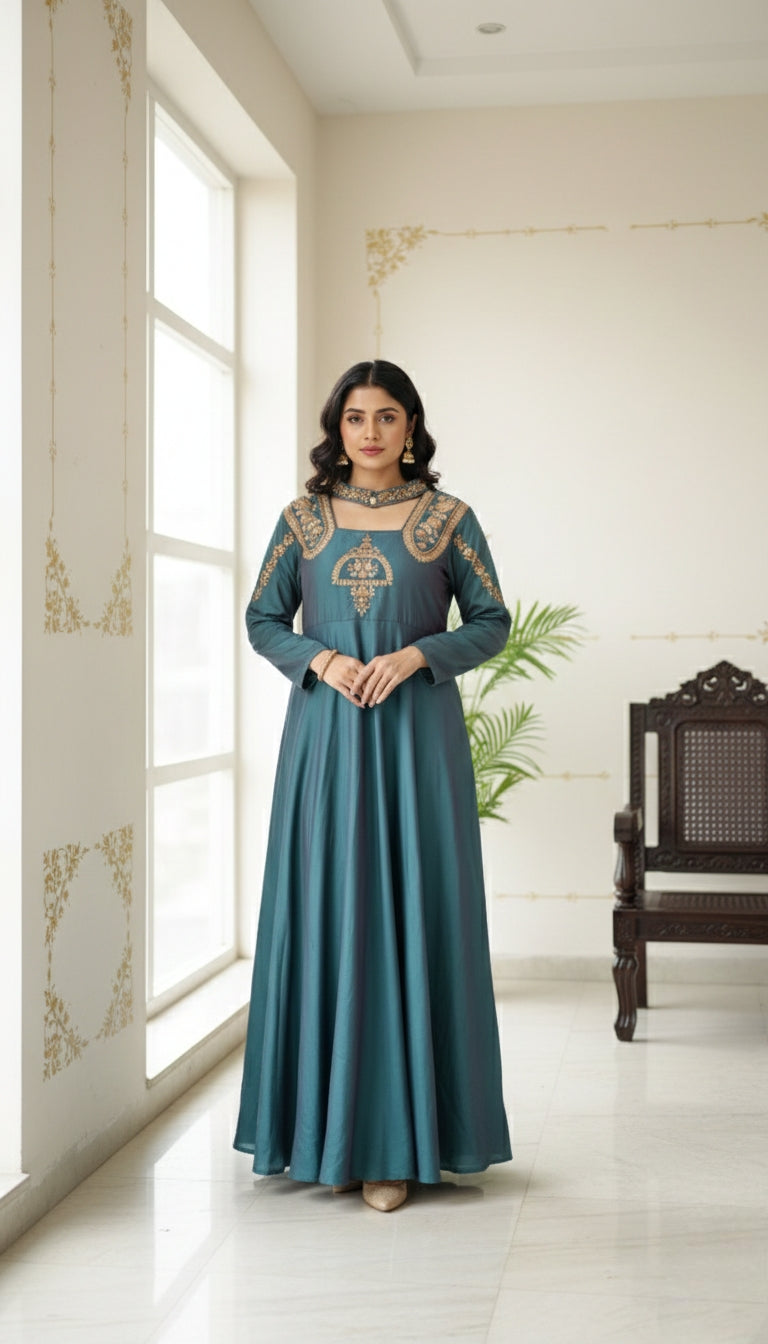 WOMEN BLUE ZARI EMBOIDERED SILK LONG GOWN