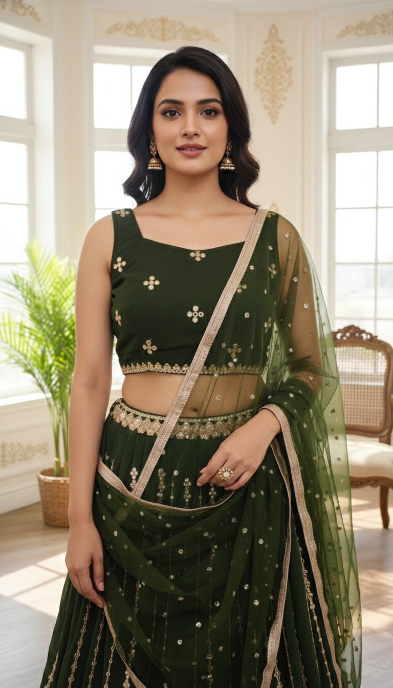 Women Mehandi Mirror Work Silk Lehenga Choli And Dupatta Set