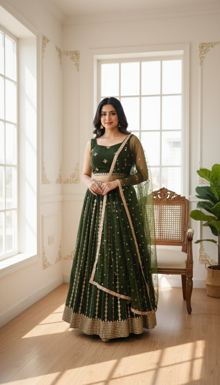 Women Mehandi Mirror Work Silk Lehenga Choli And Dupatta Set