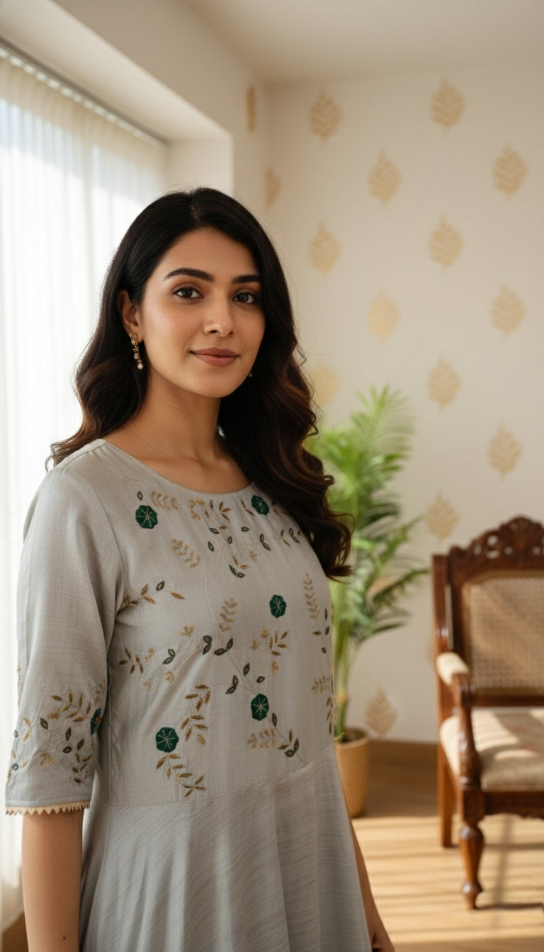 WOMEN GRAY ZARI AND THREAD EMBOIDERED SILK LONG GOWN AND DUPPATTA SET