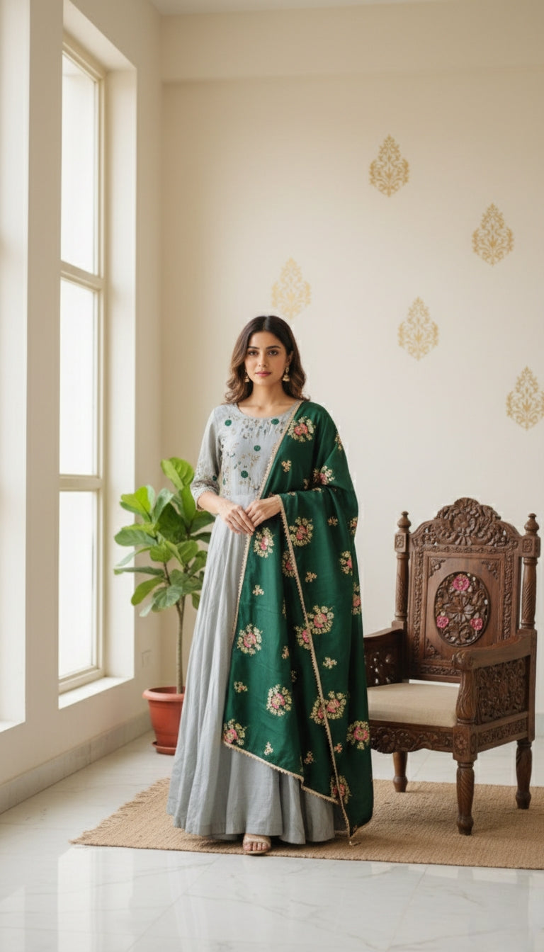 WOMEN GRAY ZARI AND THREAD EMBOIDERED SILK LONG GOWN AND DUPPATTA SET