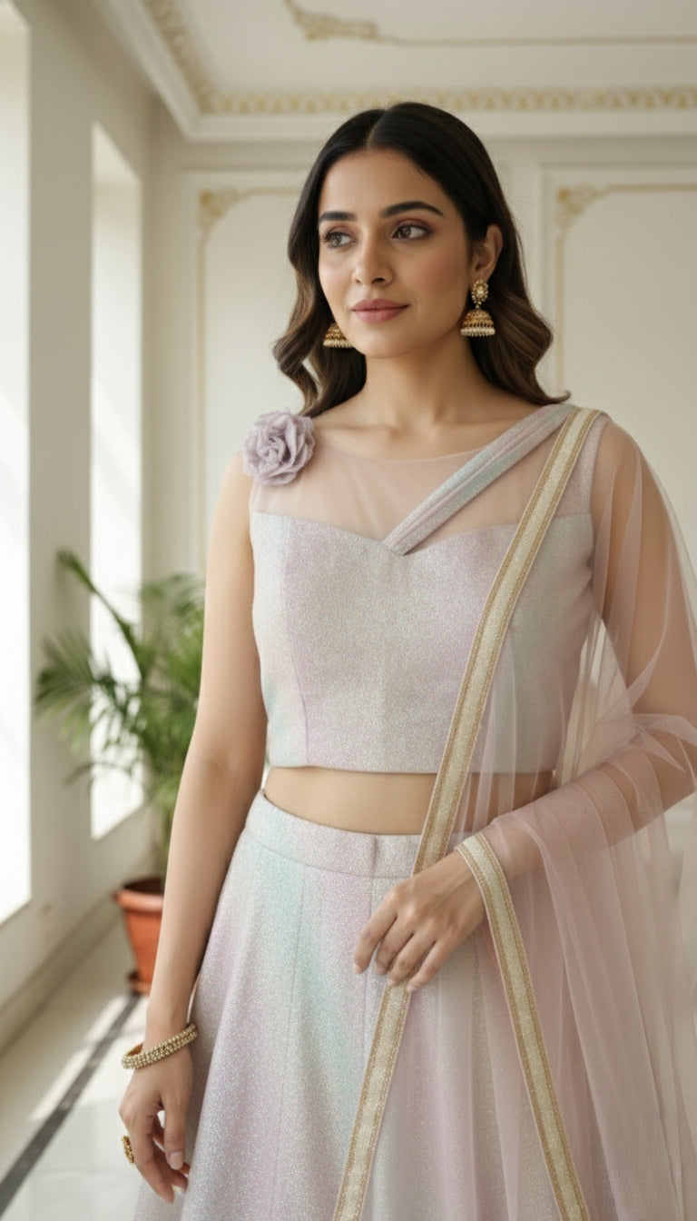 WOMEN LIGHT PINK GLITTER WORK GEORGETTE LEHENGA CHOLI DUPPATTA SET