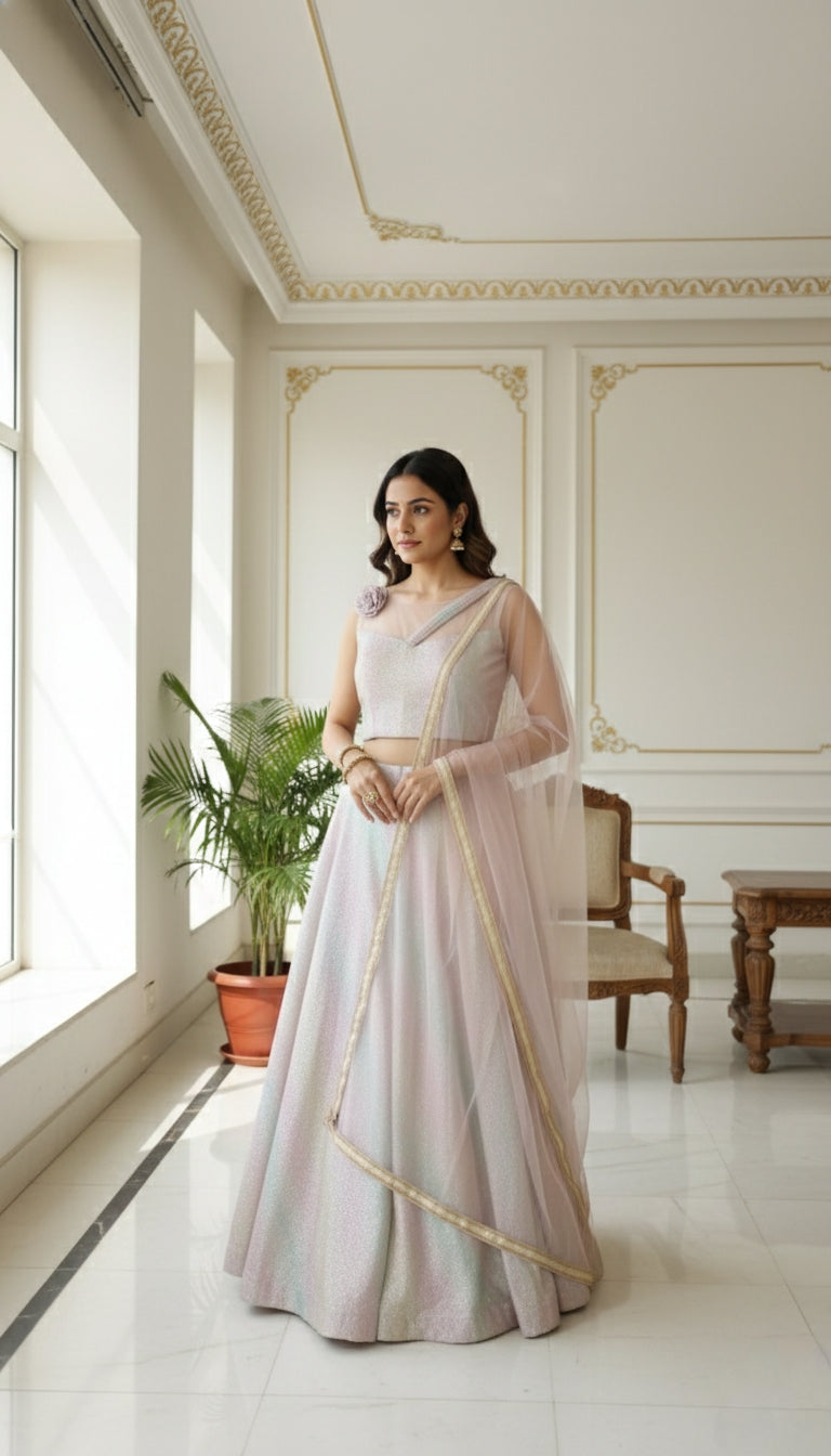 WOMEN LIGHT PINK GLITTER WORK GEORGETTE LEHENGA CHOLI DUPPATTA SET