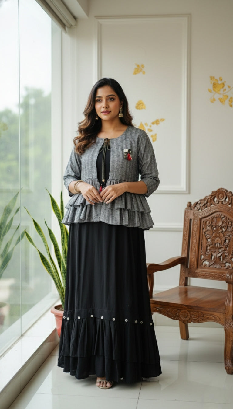 WOMEN BLACK COTTON LONG GOWN WITH COTI