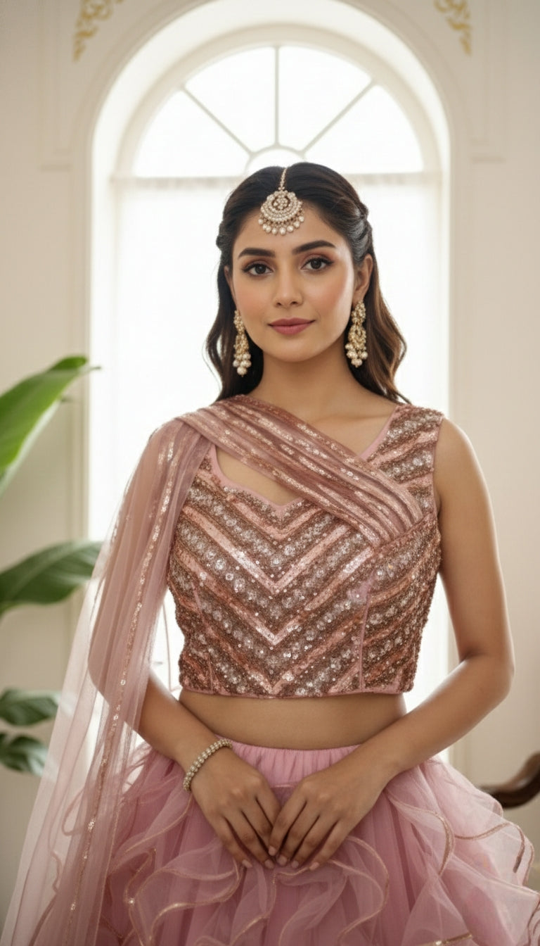 Women Wine Chinnon Lehenga Choli And Dupatta Set