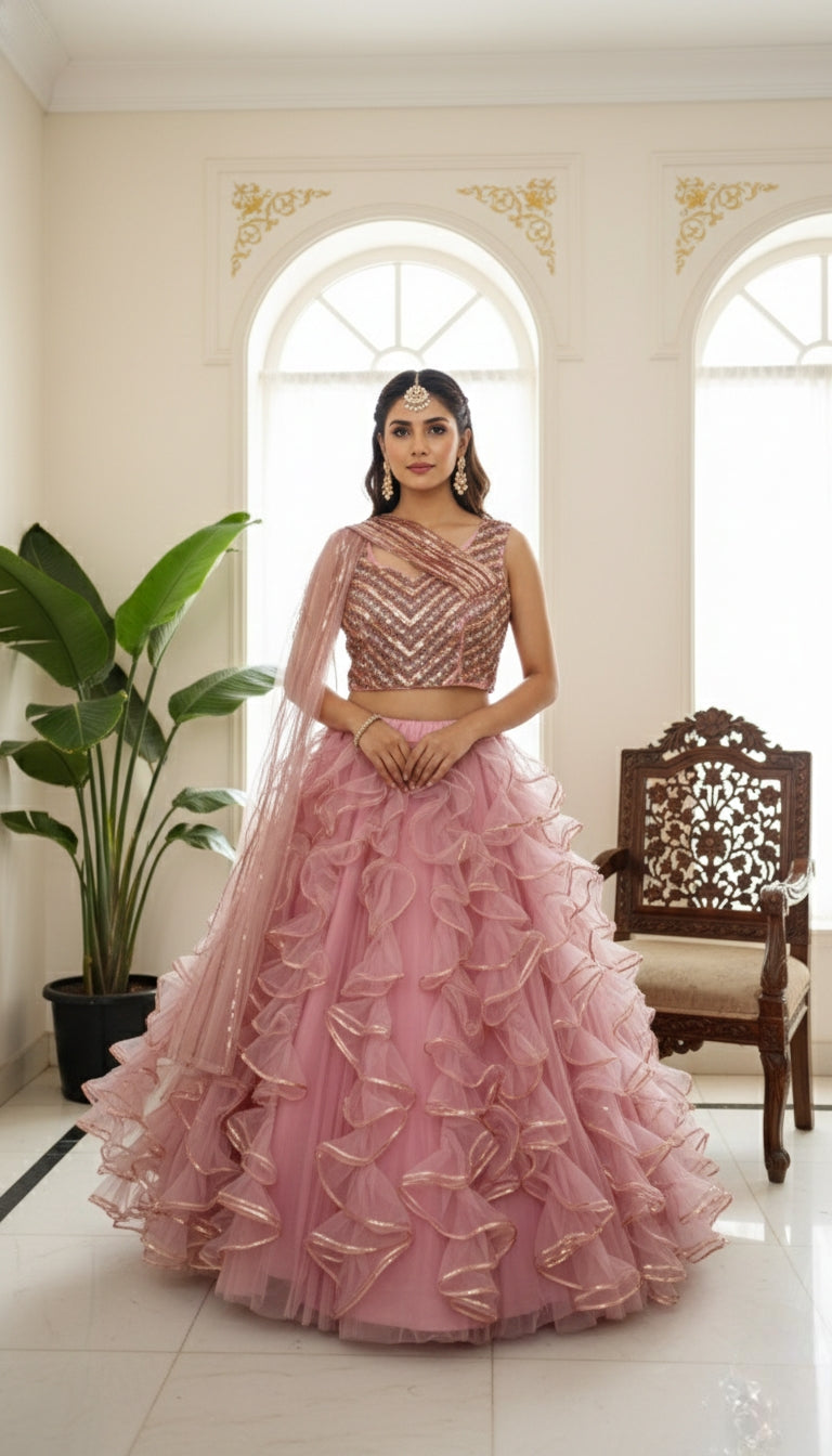 Women Wine Chinnon Lehenga Choli And Dupatta Set