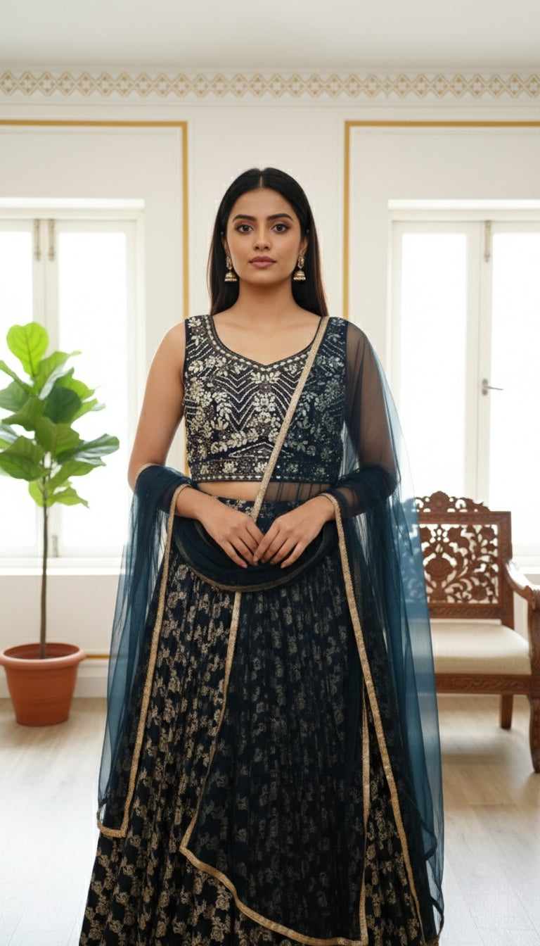 Women Navy Blue Mirror Work Silk Crop Top Skirt Set