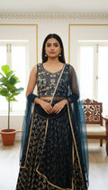 Women Navy Blue Mirror Work Silk Crop Top Skirt Set