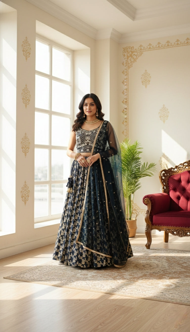 Women Navy Blue Mirror Work Silk Crop Top Skirt Set